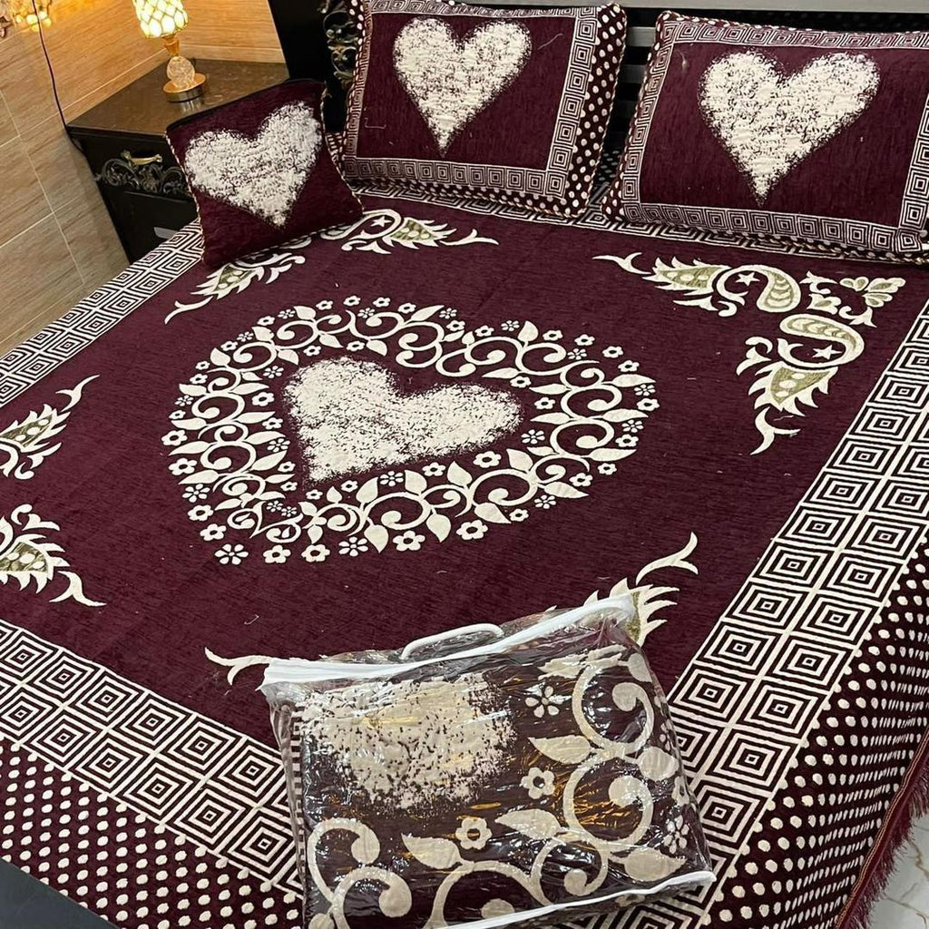 Luxurious Velvet Jacquard Double Bedsheet Set - 4 Pcs with Printed Design in Red